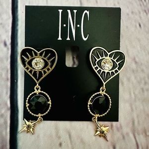 NWT-  Black and Gold-Tone Mixed Stone Color Evil Eye Heart Statement Earrings